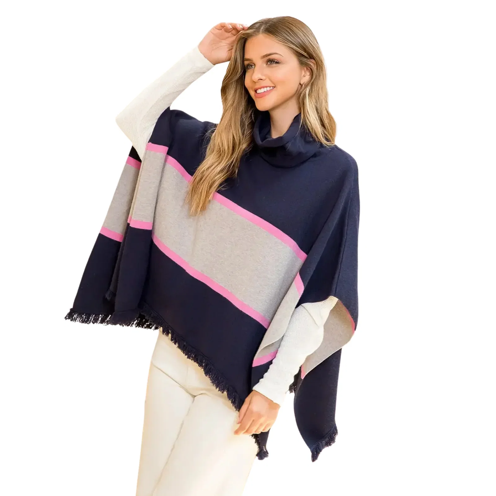 Image of Turtleneck Colorblocked Poncho in Navy