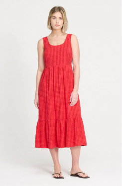 Cara Pink Gingham Seersucker Tiered Midi Dress