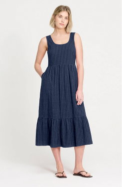 Cara Navy Gingham Seersucker Tiered Midi Dress