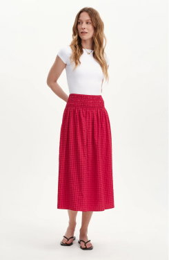 Vanessa Pink Gingham Seersucker Shirred Waist Midi Skirt