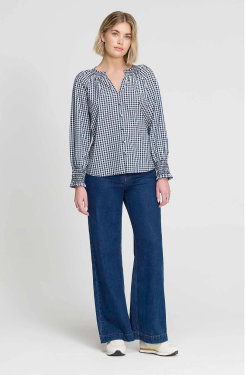 Sandy Navy Cotton Gingham Long Sleeve Shirred Collar Blouse