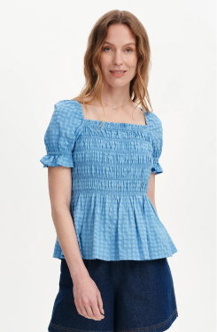 Cynthia Blue Gingham Seersucker Shirred Puff Sleeve Top