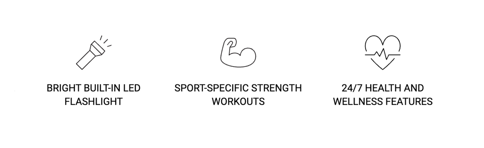 Bright Built in LED Flashlight. SPort-Specific Strength Workouts. 24/7 Health and Wellness Features.
