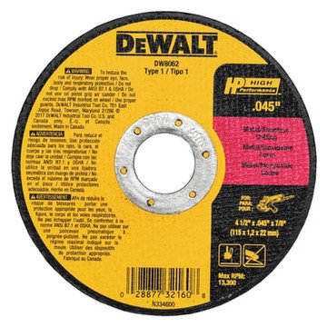 DEWALT 4-1/2in. Type 1 Metal Cut-Off Wheels, 0.045in., 7/8in. Arbor, 5-Pk., Model# DW8062B5