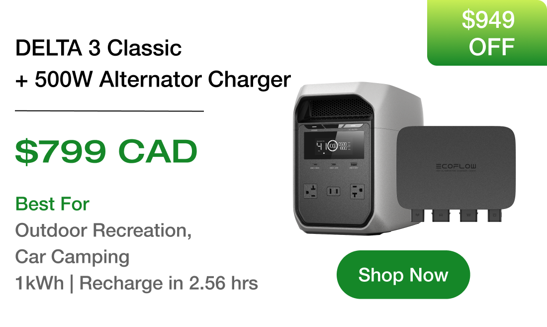 DELTA 3 Classic + 500W Alternator Charger $799 CAD Best For Outdoor Recreation, Car Camping 1kWh | Recharge in 2.56 hrs