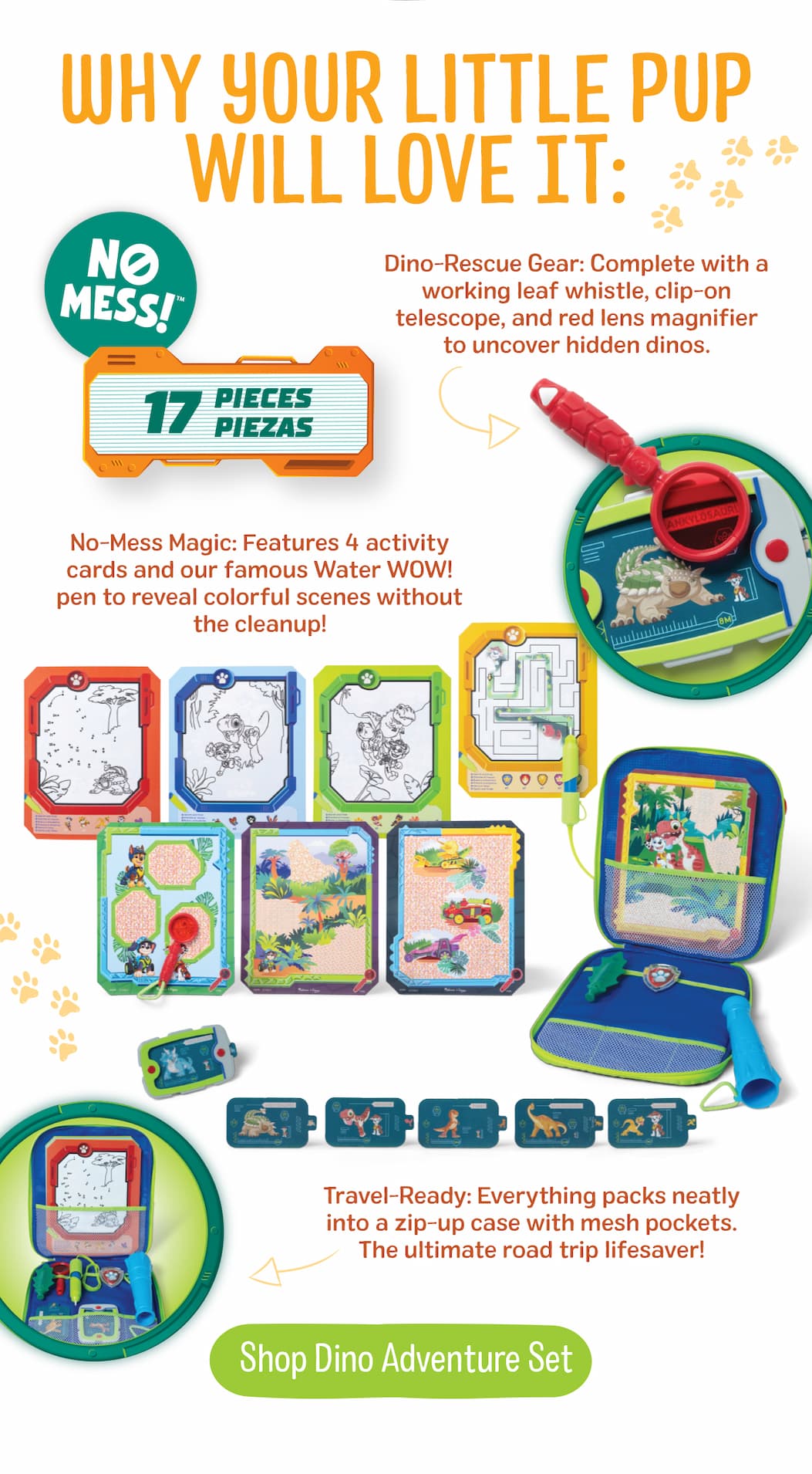 Dino-Rescue Gear: Complete with a working leaf whistle, clip-on telescope, and red lens magnifier to uncover hidden dinos. Shop Dino Adventure Set  