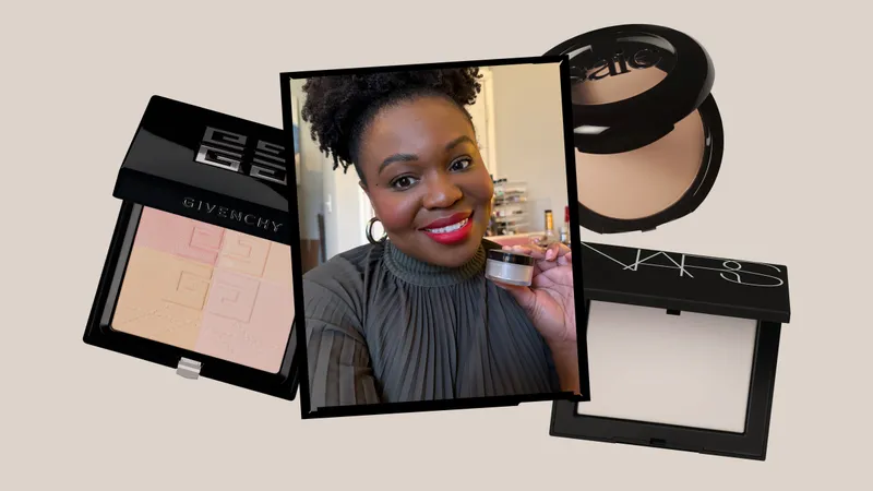 A collage of Allure editor in chief Jessica Cruel holding a jar of Laura Mercier Translucent Loose Setting Powder alongside other product silos on a gray background