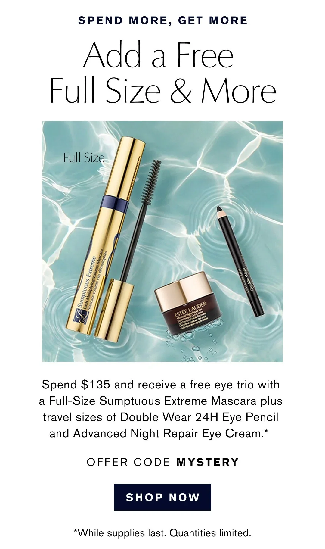 SPEND MORE, GET MORE | Add a Free Full Size & More | Spend $135 and receive a free eye trio with a Full-Size Sumptuous Extreme Mascara plus travel sizes of Double Wear 24H Eye Pencil and Advanced Night Repair Eye Cream .* | OFFER CODE MYSTERY | SHOP NOW | *While supplies last. Quantities limited.