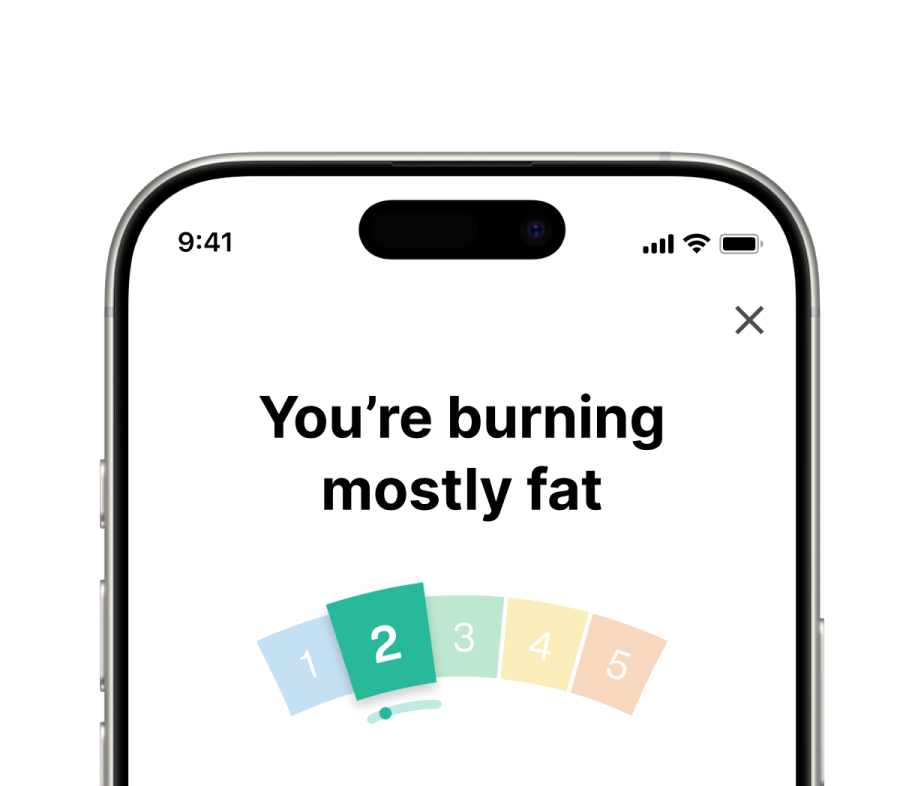 Lumen app showing a metabolic reading: You're burning mostly fat, on a scale from 1 (all carbs) to 5 (all fat).