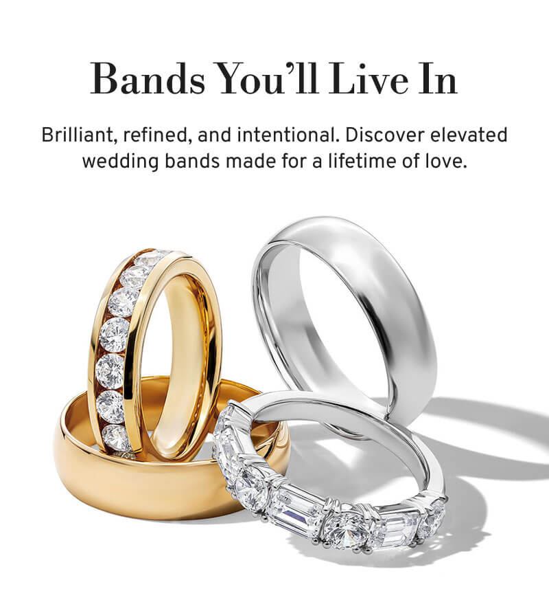 Four different wedding bands, two with diamonds and two plain metal. Bands you’ll live in. 