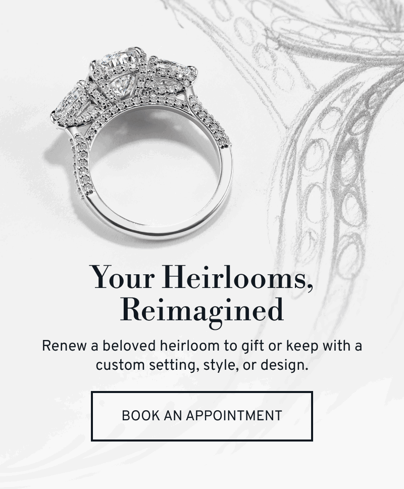 An engagement ring sitting on a pencil sketch of a jewelry piece. Reimagine your heirlooms. Click to Book an Appointment