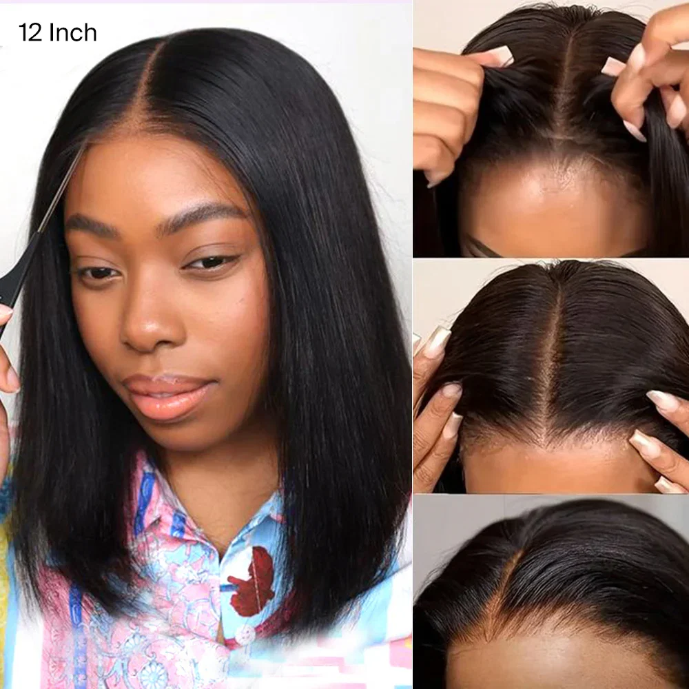 Megalook Bogo Free 6 Inches Deep Part Pre-Cut Lace Straight Natural Black Bob Wigs