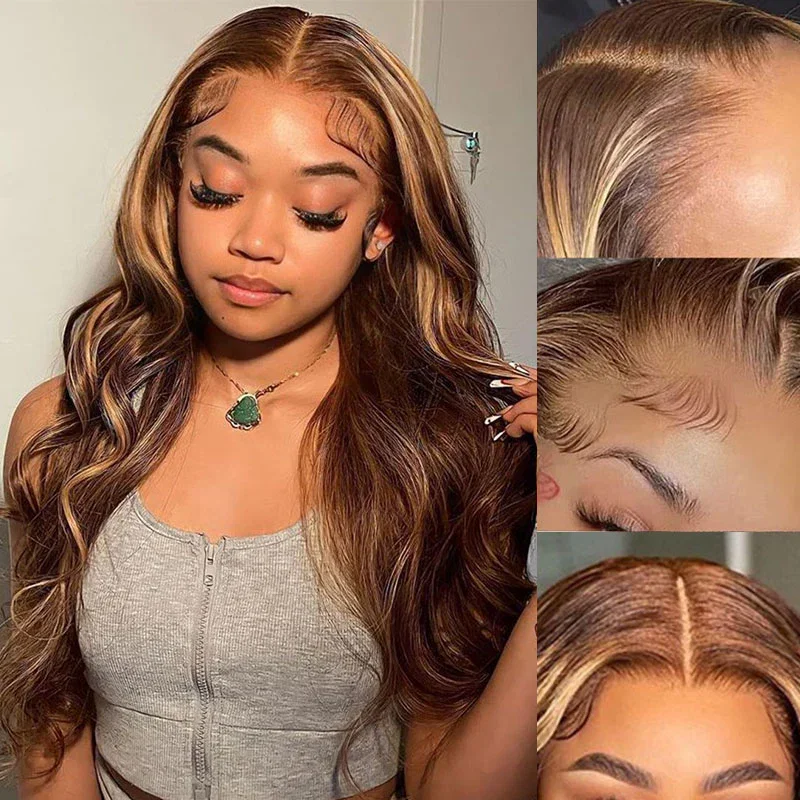 Megalook Bogo Free 13x4 Lace Front Highlight 4/27 Honey Blonde Body/Deep Wave 100% Human Hair Wig - 22 inch  (Body Wave)