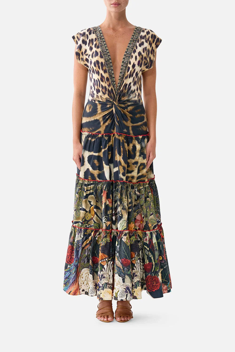 Image of CAP SLEEVE TWIST FRONT MIDI DRESS LEOTIGRA LAND