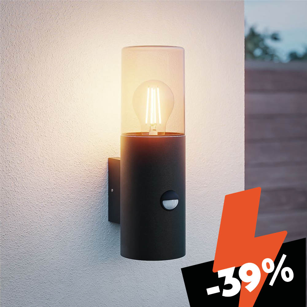 Blaze - LED Wall Sconce - Includes Twilight Switch & Motion Sensor - Uplight - E27 Socket - IP44 Waterproof - Smokey Glass