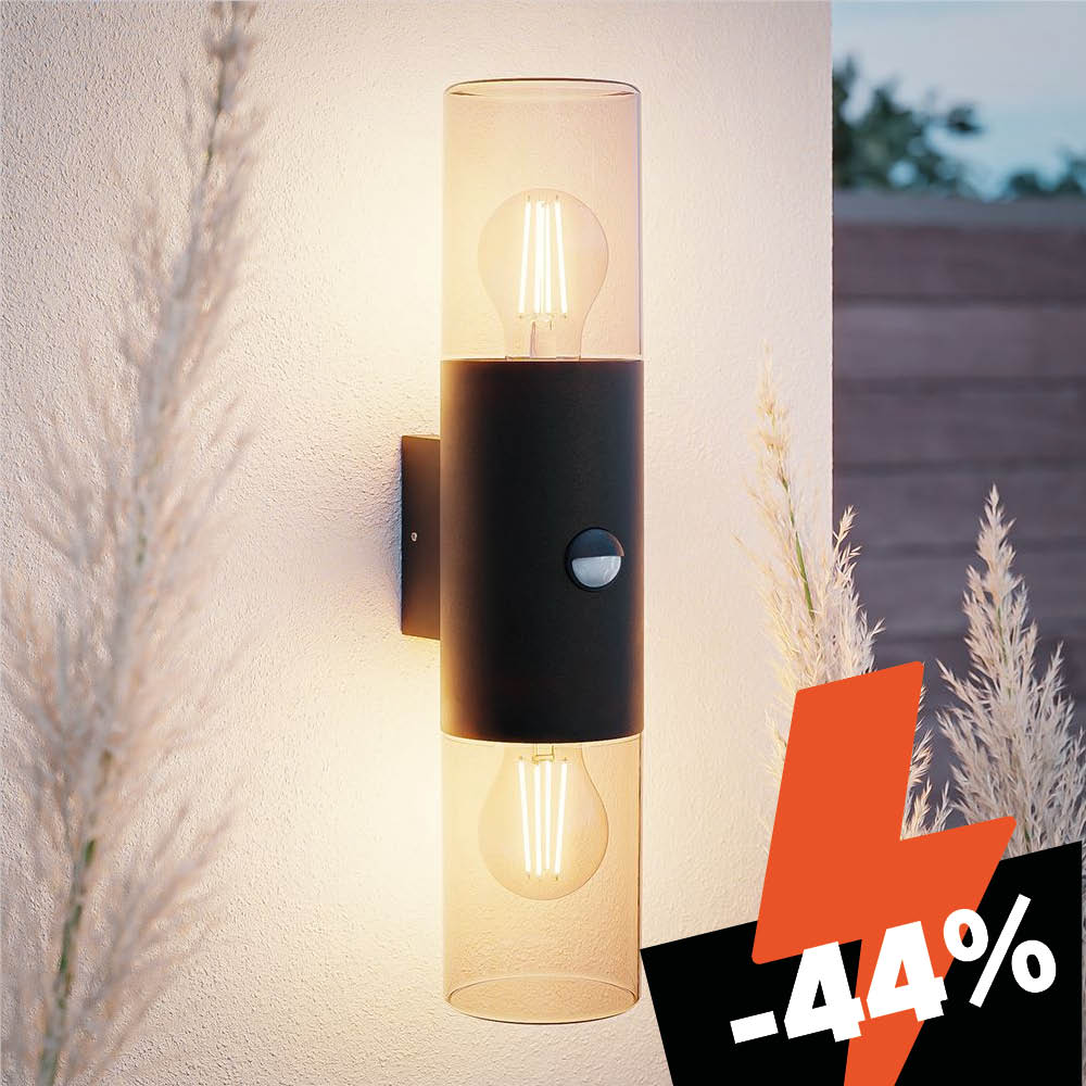 Blaze - LED Wall Sconce - Includes Twilight Switch & Motion Sensor - Up & Down Light - E27 Socket - IP44 Waterproof - Smokey Glass
