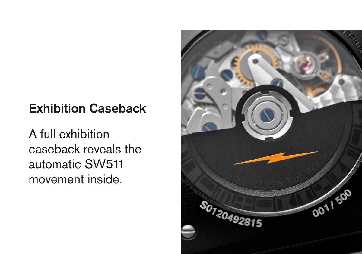 Exhibition Caseback | A full exhibition caseback reveals the automatic SW511 movement inside.