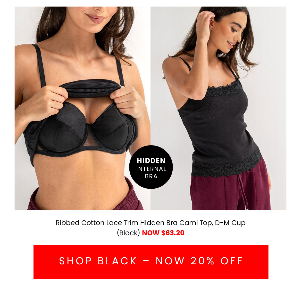 Ribbed Cotton Lace Trim Hidden Bra Cami Top - Black