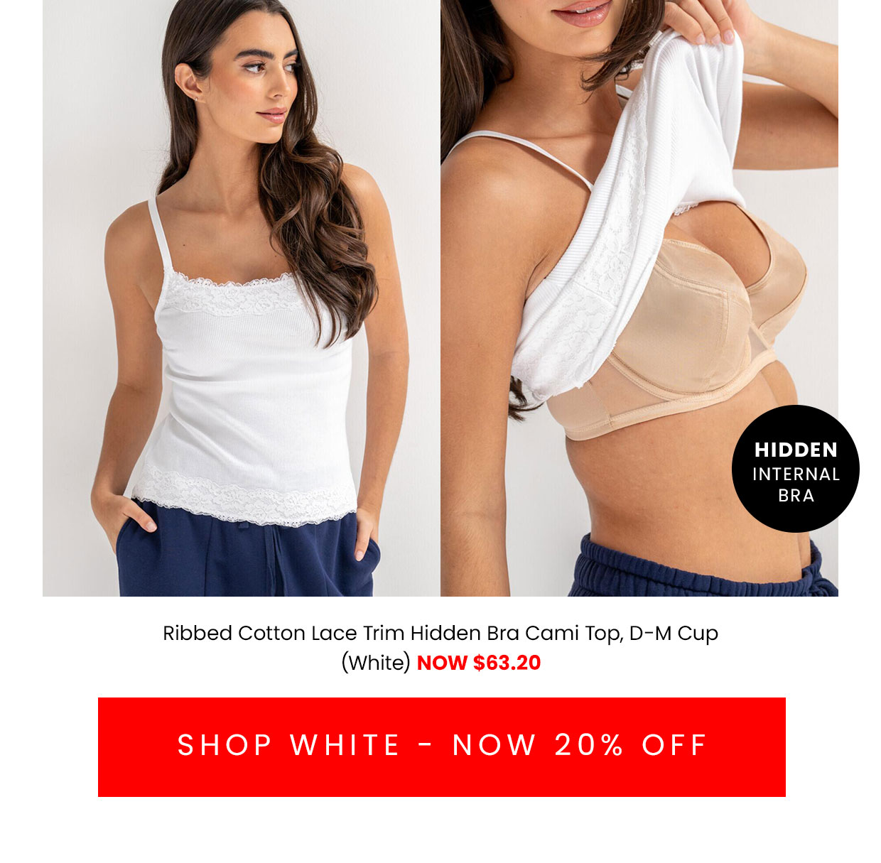 Ribbed Cotton Lace Trim Hidden Bra Cami Top - White