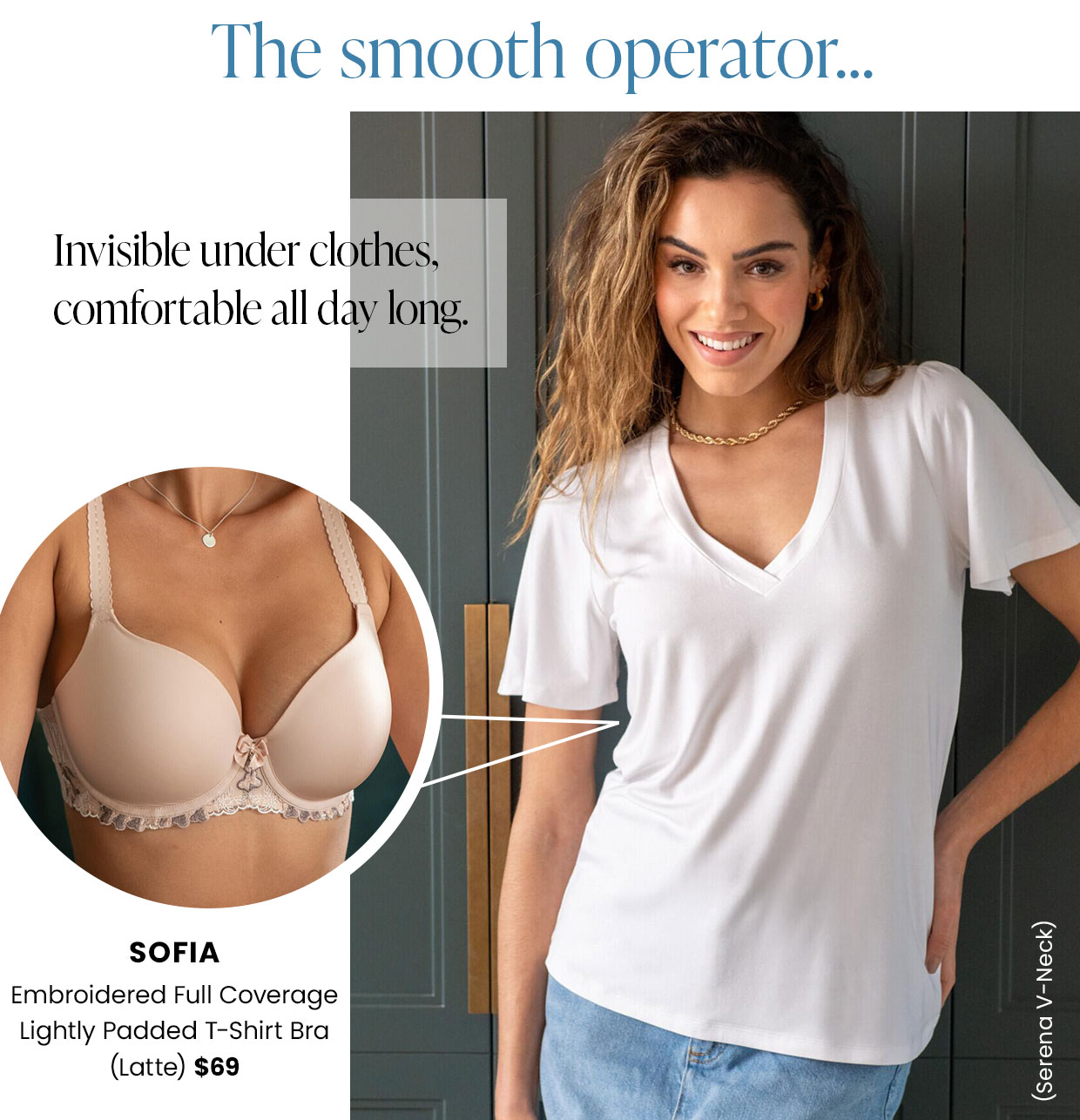Sofia Embroidered Full Coverage Lightly Padded T-Shirt Bra - Latte