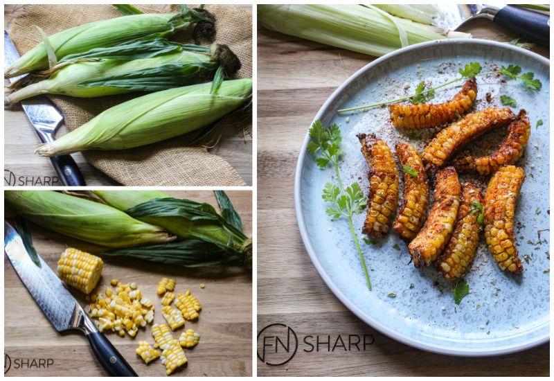 Split image of F.N. Sharp knives with whole corn on the cob in husks, sliced kernels and a recipe image for air fryer corn ribs