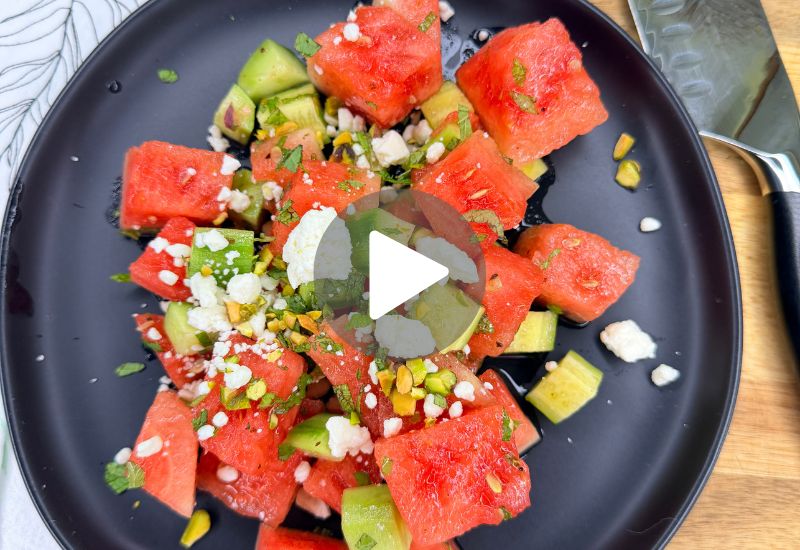 F.N. Sharp Santoku Knife with plated watermelon feta salad