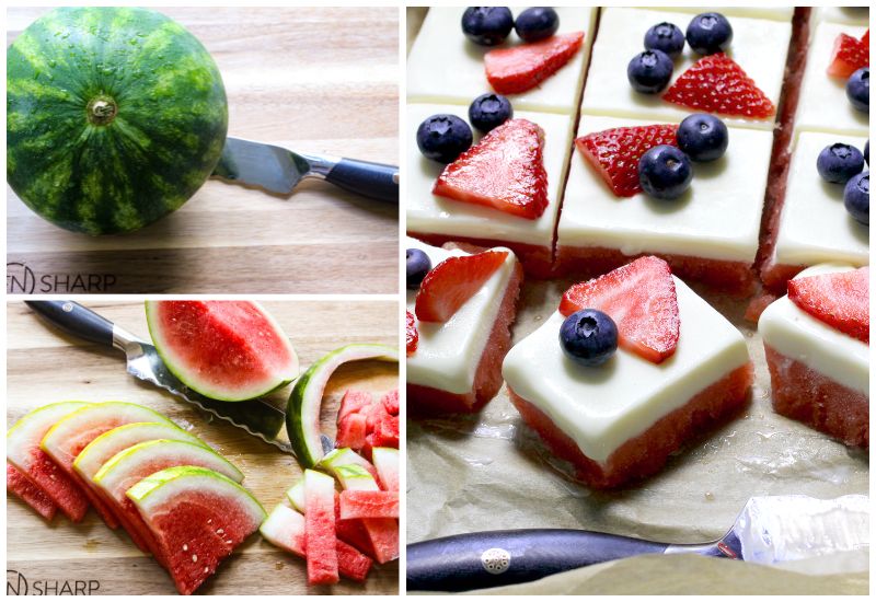 Split image of F.N. Sharp knives with whole watermelon, cut watermelon, and watermelon sorbet bars