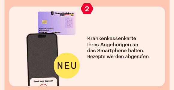 Smartphone mit Anzeige „Bereit zum Scannen“, darüber eine elektronische Gesundheitskarte, die an das Gerät gehalten wird. Gelber Kreis mit dem Wort „NEU“. Daneben Text: „Krankenkassenkarte Ihres Angehörigen an das Smartphone halten. Rezepte werden abgerufen.“