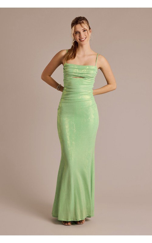 Metallic Draped Neckline Cutout Sheath Dress