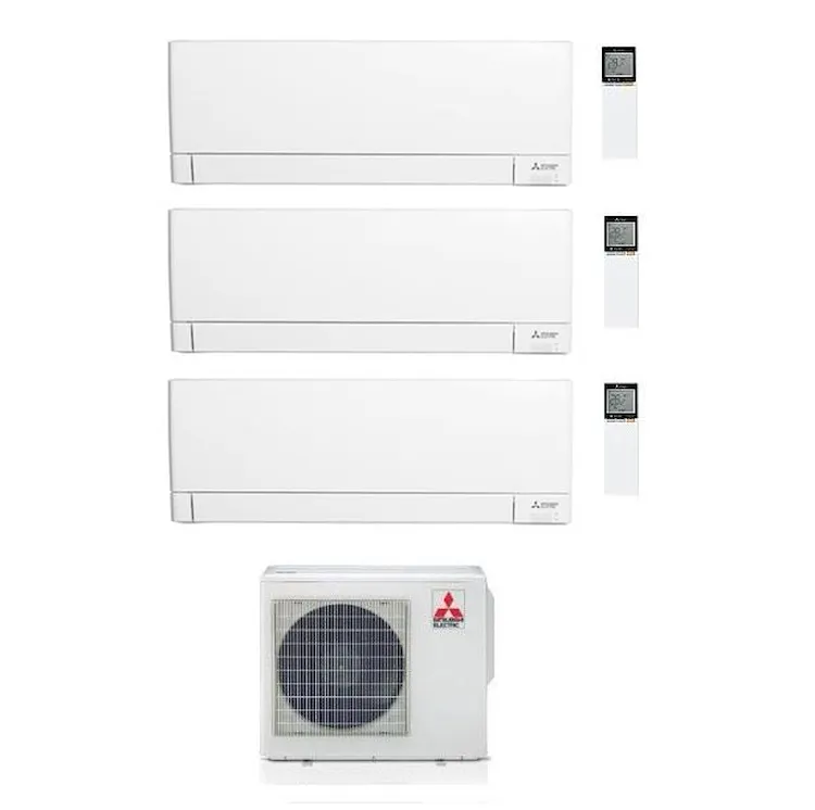 Three Mitsubishi wall-mounted air conditioning units with three remotes and one outdoor condenser on white background