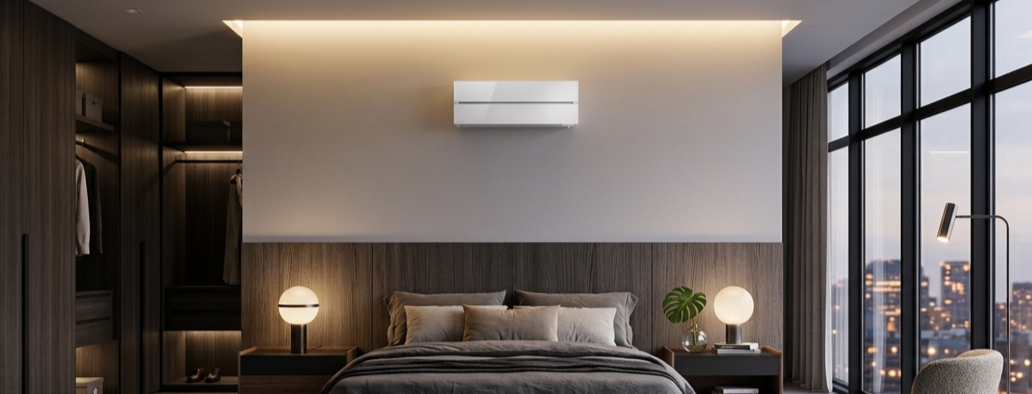 Modern bedroom with king bed, wall air conditioner, lit walk-in wardrobe, bedside lamps and city skyline through tall windows