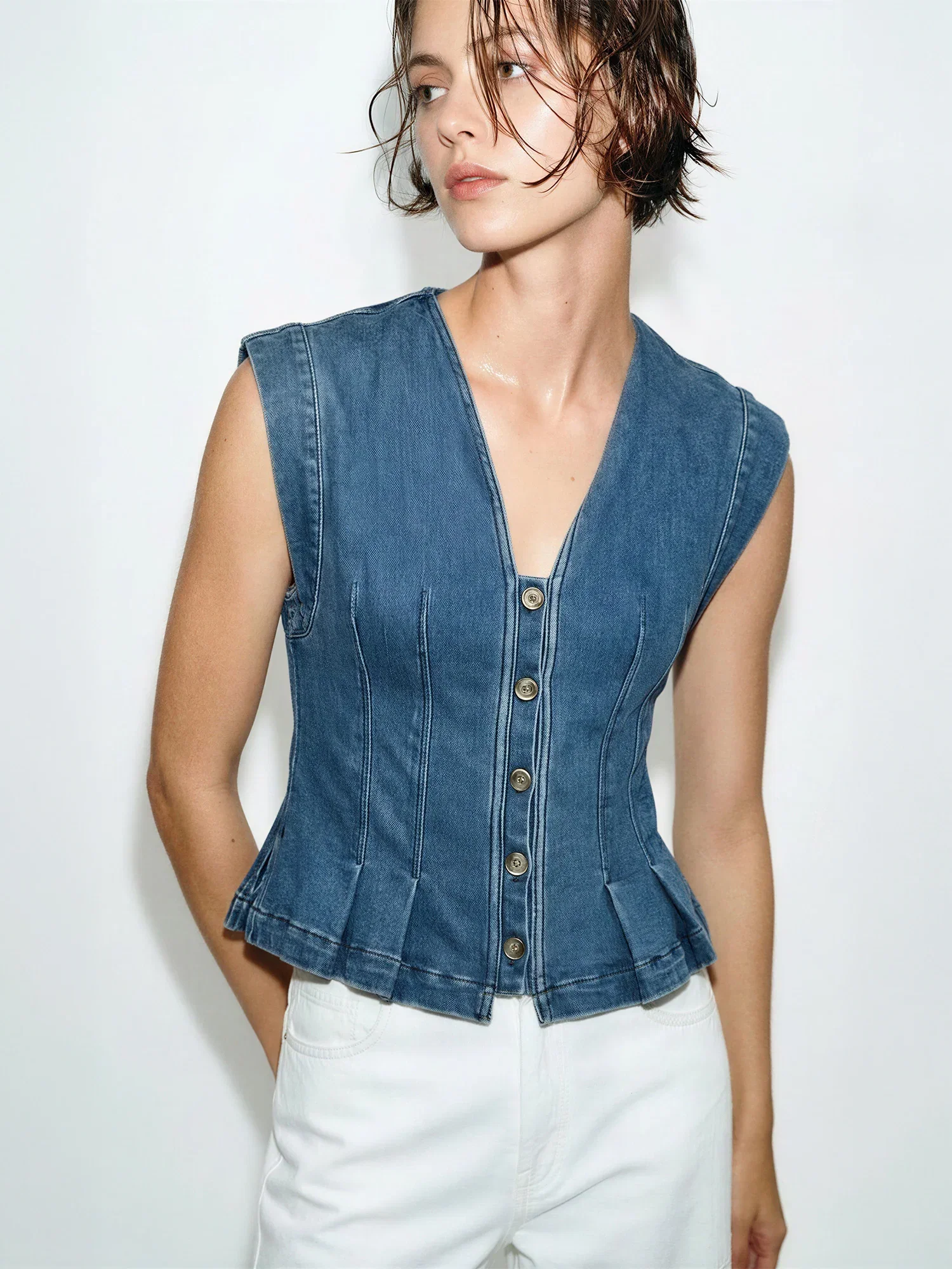 Image of Sasha V Neck Hourglass Denim Vest Top
