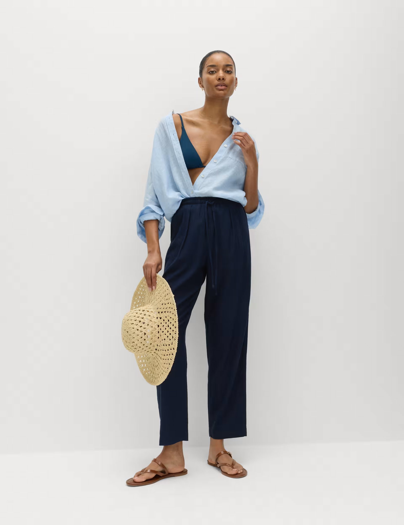 Linen Rich Elasticated Waist Tapered Trousers