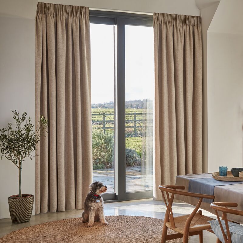Beige curtains frame large sliding glass doors to countryside, daylight filling dining area with table, chairs and a dog on a woven rug.