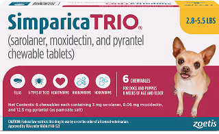 Simparica Trio (sarolaner, moxidectin, pyrantel) Chewable Tablets for Dog
