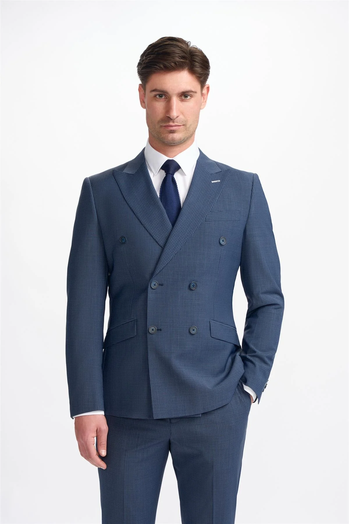 Image of Bond Navy Check Double Breasted Blazer