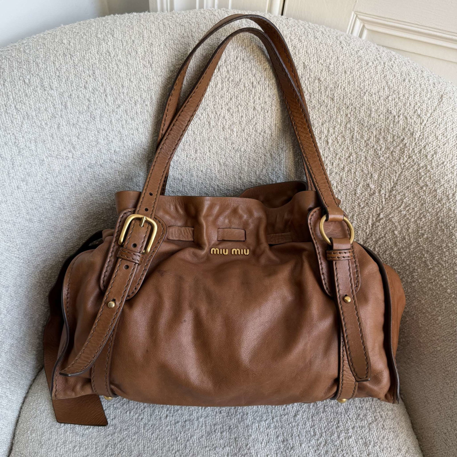 Miu Miu Vitello Brown Leather Tote Bag