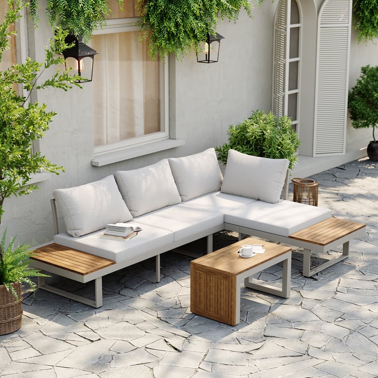 Slatera Outdoor Acacia & Aluminum Modular Sofa Set in Light Gray