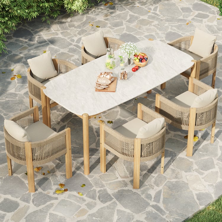 Boheva 7-Piece Outdoor Concrete & Teak Rope Weave Dining Set with 6 Chairs