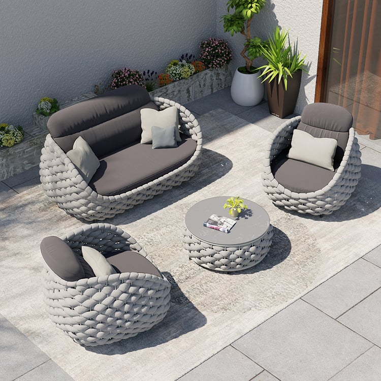 Cocaro 4-Piece Outdoor Rope Weave Swivel Sofa Set with Coffee Table in Gray