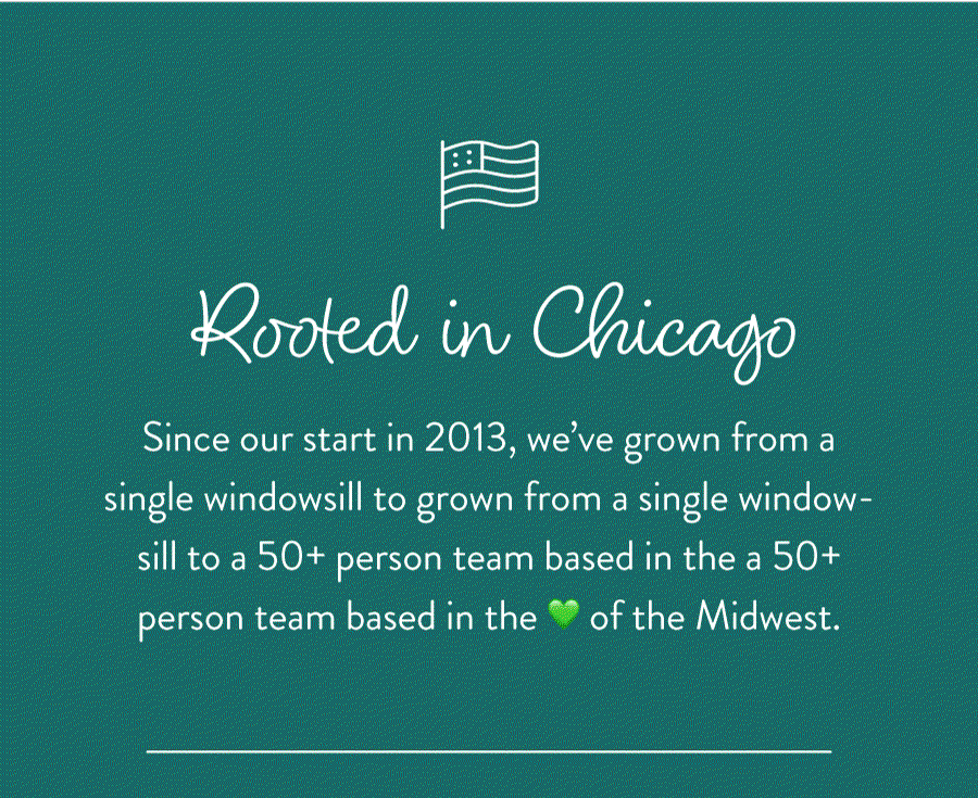 Rooted in Chicago: Since our start in 2013, we’ve grown from a single windowsill to grown from a single windowsill to a 50+ person team based in the a 50+ person team based in the 💚 of the Midwest. 