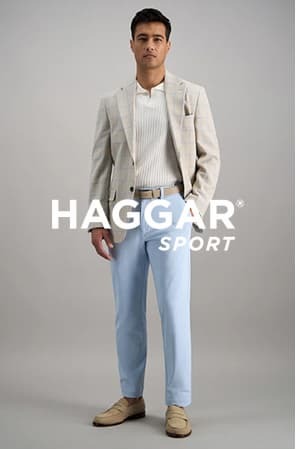 Man poses in Haggar Sport pants, text says "Haggar Sport"