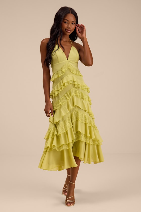 Image of Melena Chartreuse Ruffled Lace Midi Dress