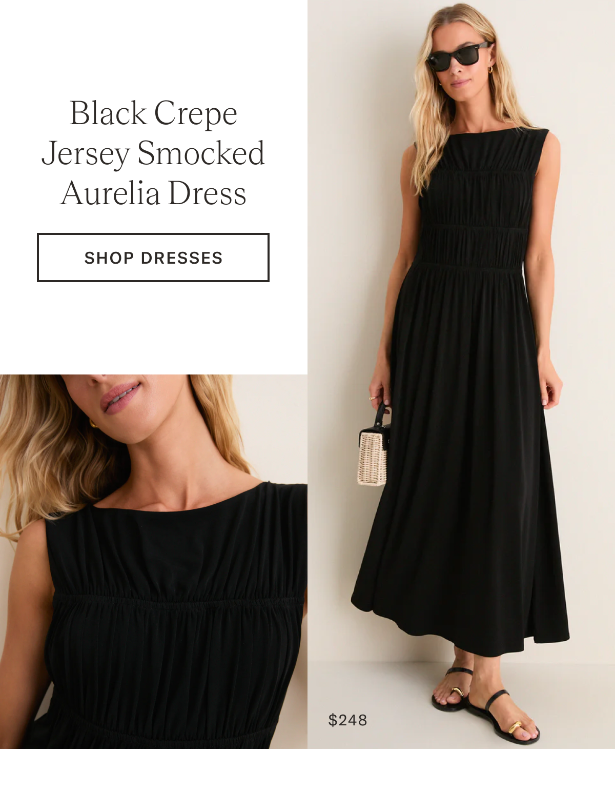 Black Crepe Jersey Smocked Aurelia Dress