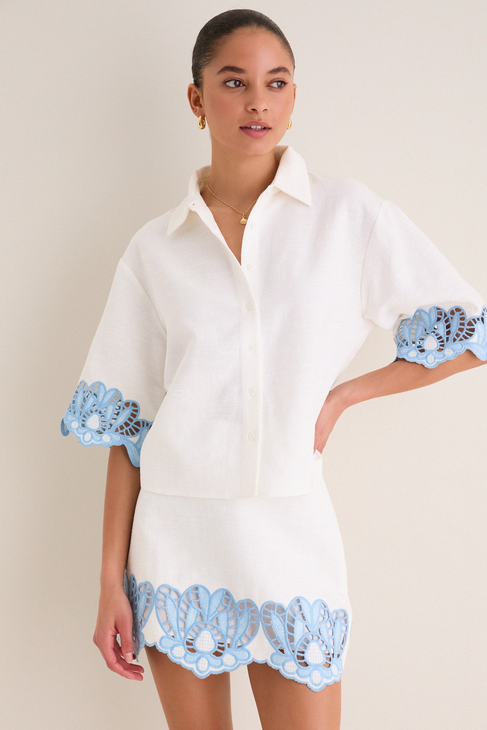 Image of Sky Blue Embroidered Button-Up Beatrix Shirt