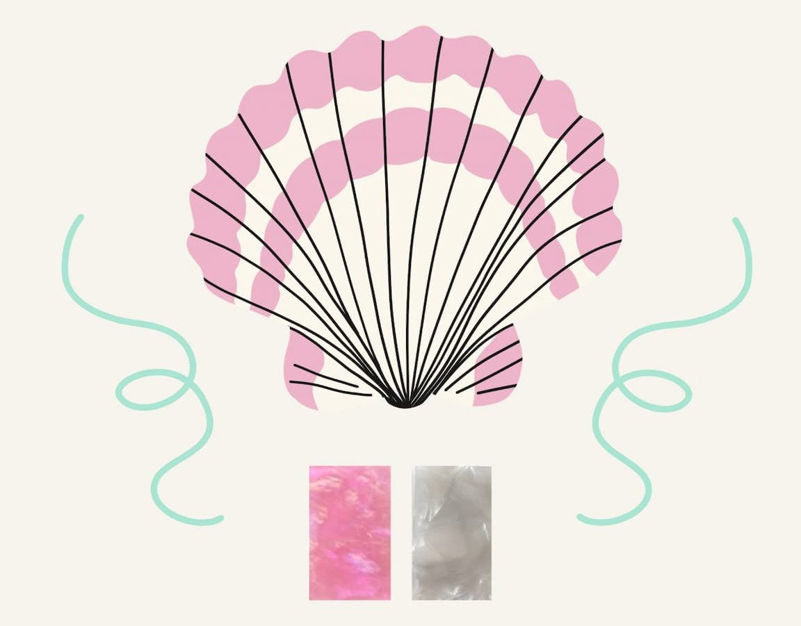 shell design with teal squiggles and cut out images of the acetate used for the clips