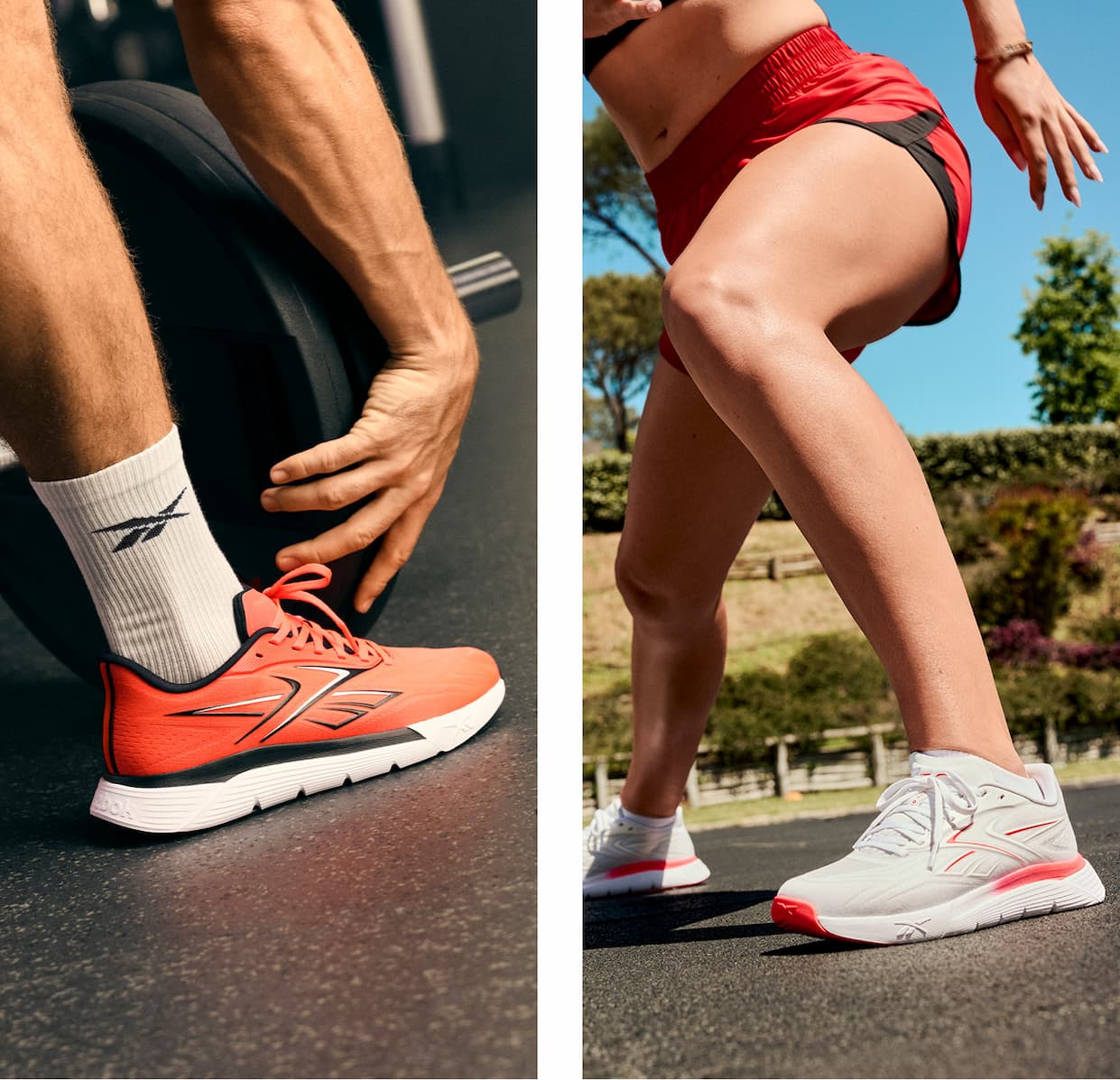 Collage featuring Nano Gym 2.0 training shoes in white and coral. The images show the shoes on the ground beside kettlebells, during strength training, and in outdoor workouts.
