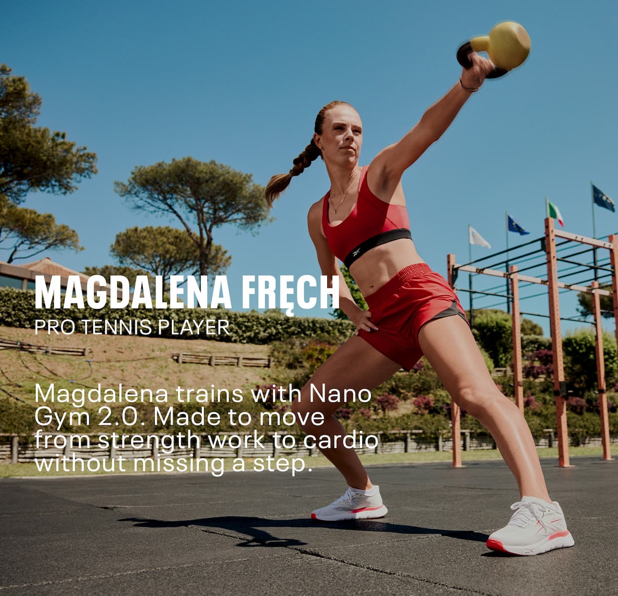 Magdalena Fręch trains outdoors with a kettlebell while wearing Nano Gym 2.0 training shoes. Text reads: “MAGDALENA FRĘCH. PRO TENNIS PLAYER. Magdalena trains with Nano Gym 2.0. Made to move from strength work to cardio without missing a step.”