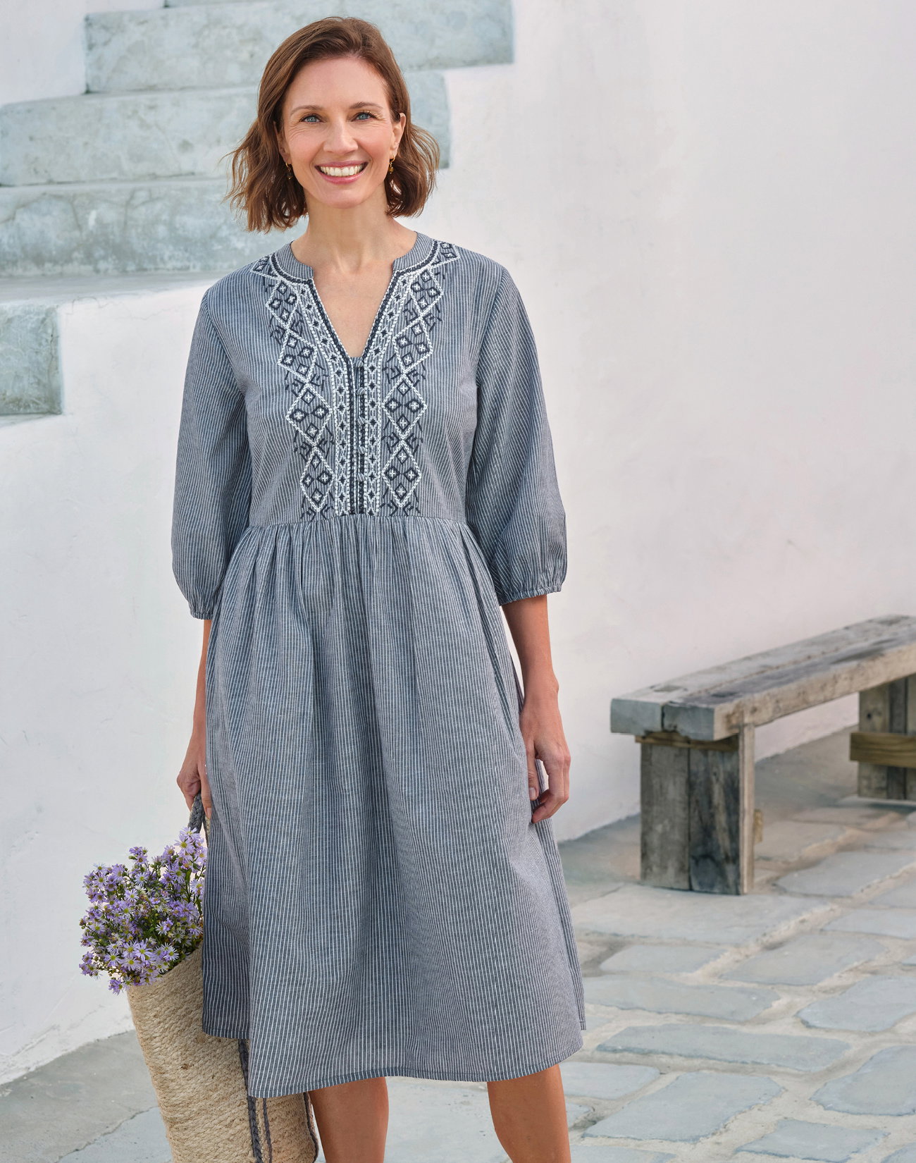 Ticking Stripe V Neck Dress