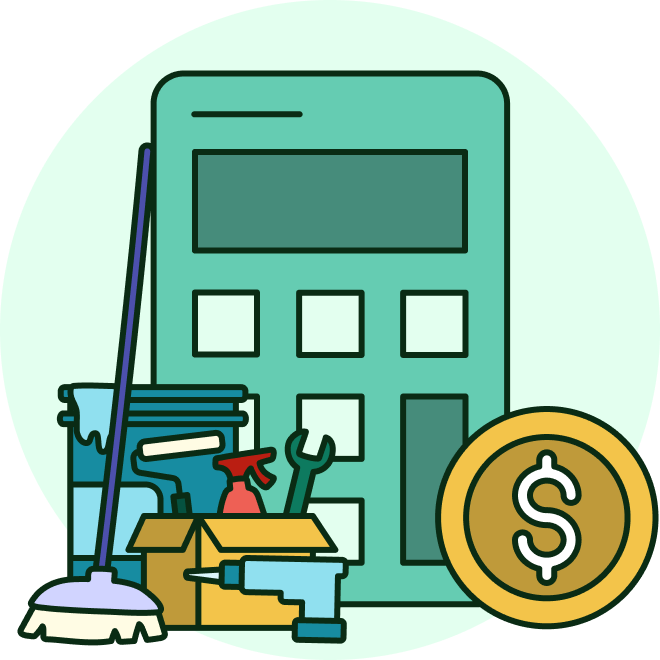 Icon of a calculator, moving box, cleaning supplies, drill and a coin with a dollar sign on it